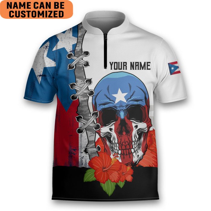 Customize Name Skull Floral Puerto Rico Aop Bowling Jersey Style Polo Zipper Shirt