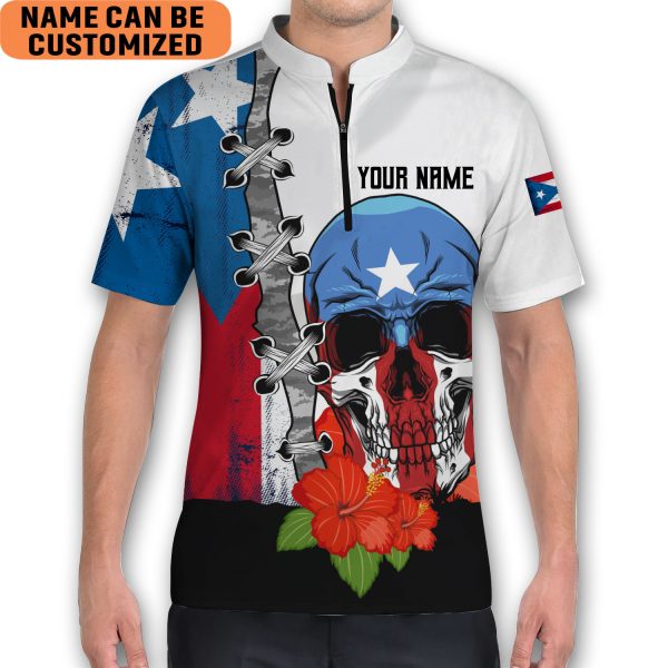 Customize Name Skull Floral Puerto Rico AOP Bowling Jersey Style Polo Zipper Shirt