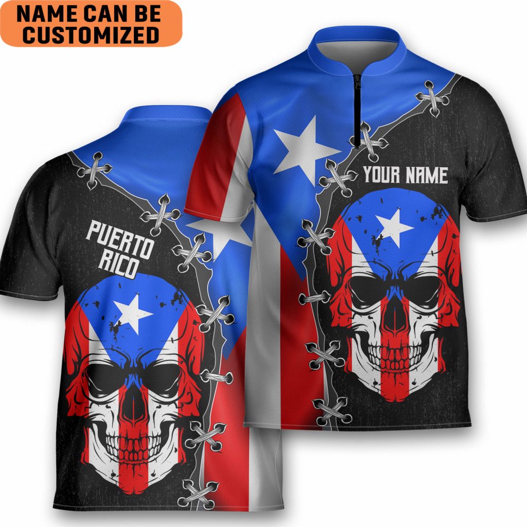 Personalized Puerto Rico Skull Flag Aop Bowling Jersey Style Polo Men’S Shirt