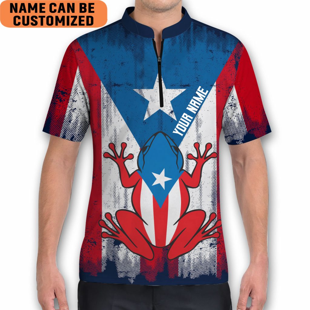 Customize Name Puerto Rico Coqui Flag Zipper Polo Style Bowling Jersey Shirt