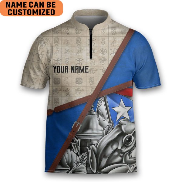 Personalized Puerto Rico Taino Sun Flag Bowling Jersey Style Polo Dark Quick Zipper Shirt