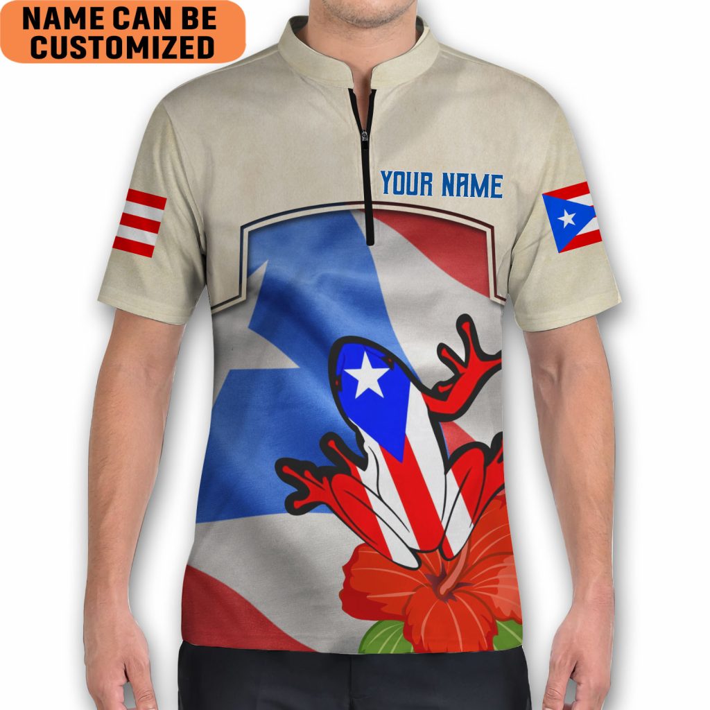 Personalized Puerto Rico Flower Coqui Flag Zipper Bowling Jersey Style Puerto Rican Polo