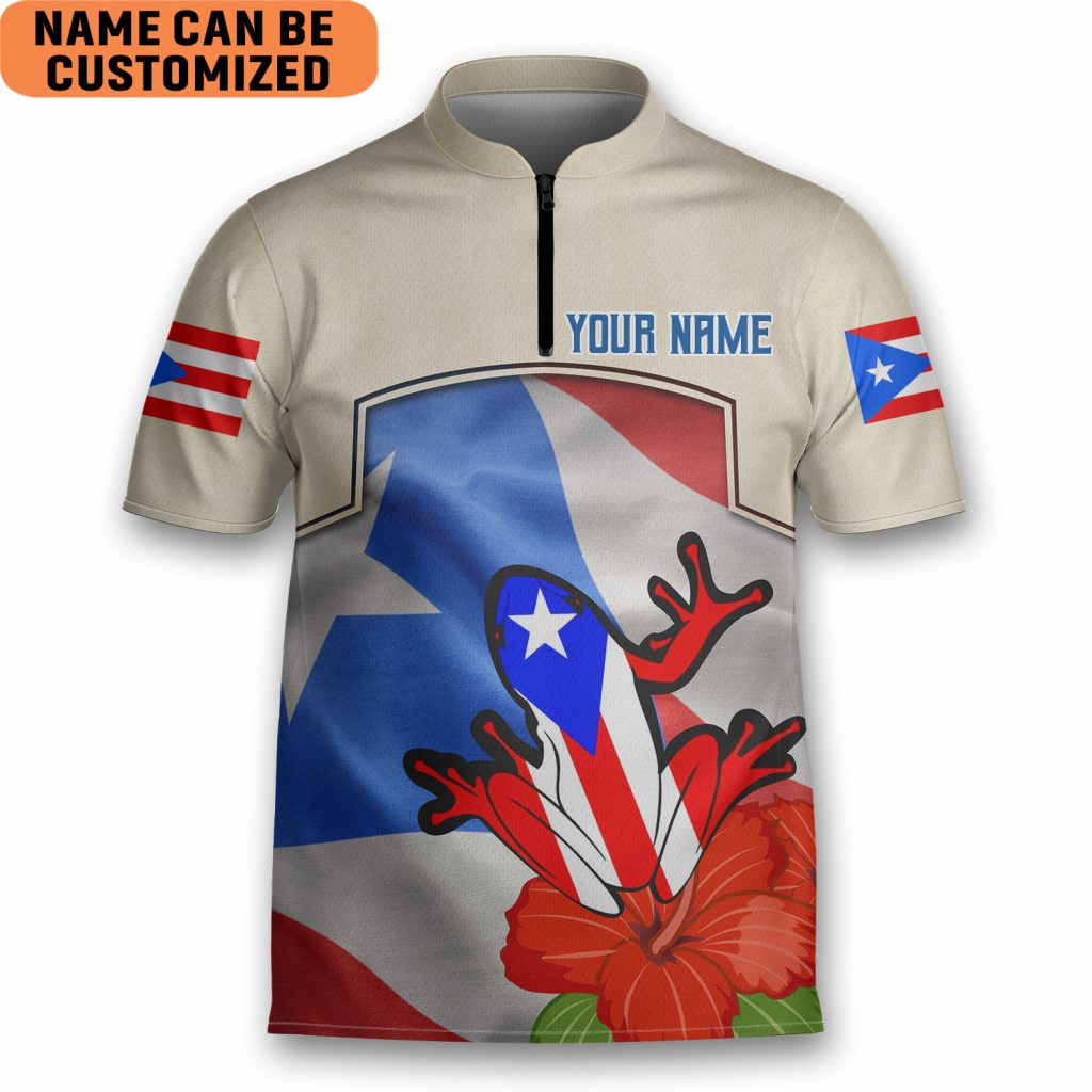 Personalized Puerto Rico Flower Coqui Flag Zipper Bowling Jersey Style Puerto Rican Polo