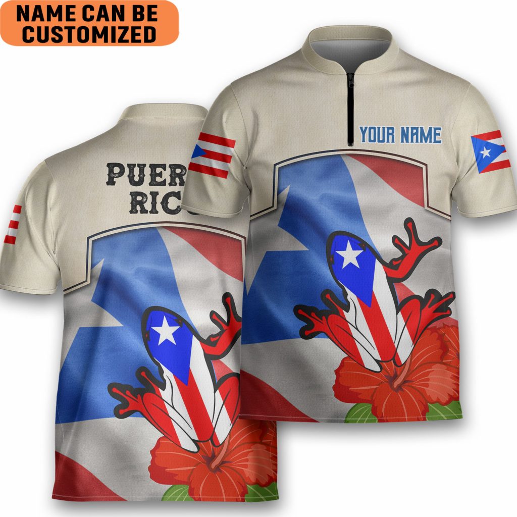 Personalized Puerto Rico Flower Coqui Flag Zipper Bowling Jersey Style Puerto Rican Polo