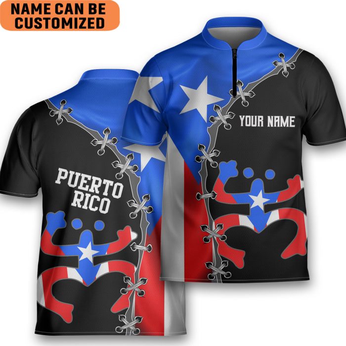 Godoprint Personalized Puerto Rico Coqui Flag Bowling Jersey Style Polo Black Blue