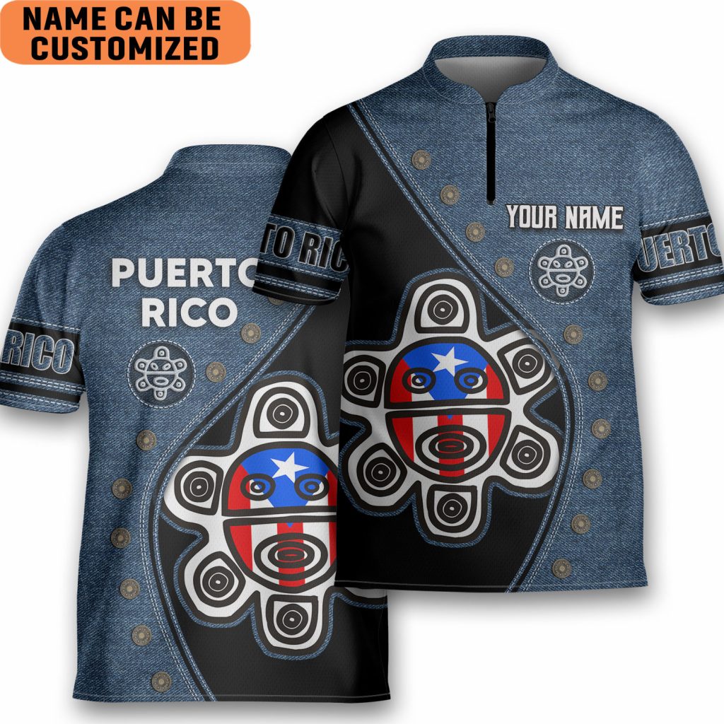 Personalized Puerto Rico Taino Sun Flag Bowling Jersey Style Polo Dark Quick Zipper Shirt