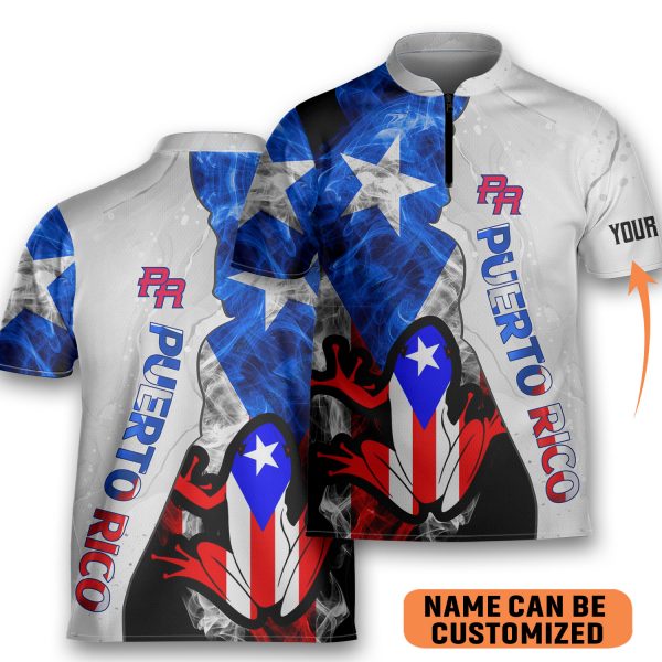 Customize Name Puerto Rico AOP Bowling Jersey Style Smock Star Zipper Polo Shirt