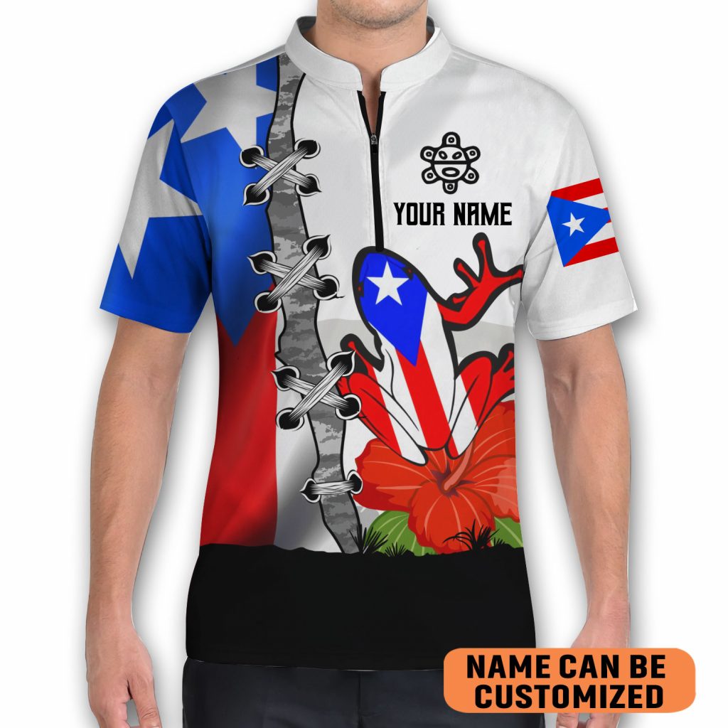Custom Puerto Rico Flower Coqui Flag Light Bowling Jersey Zipper Polo Shirt