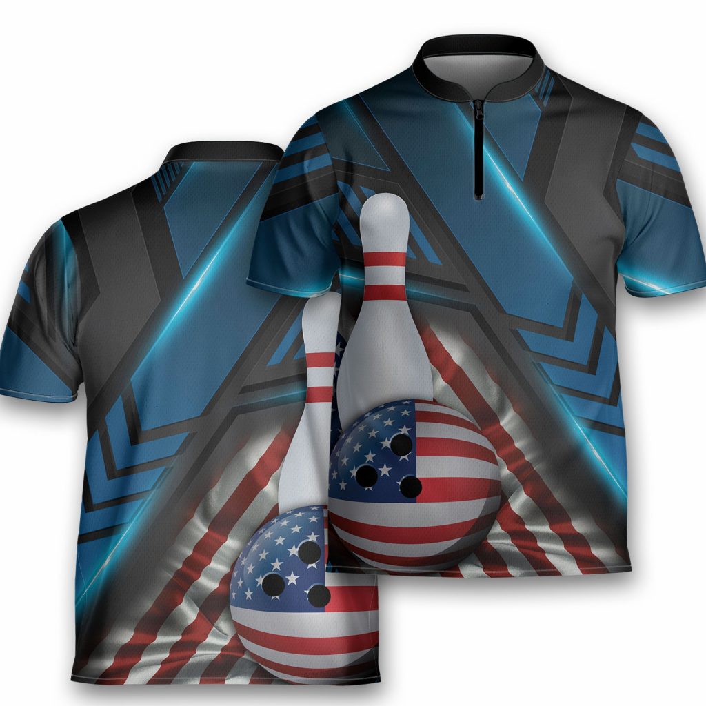 Flag Us Sash Collar Team Bowling Jersey Zipper Shirt