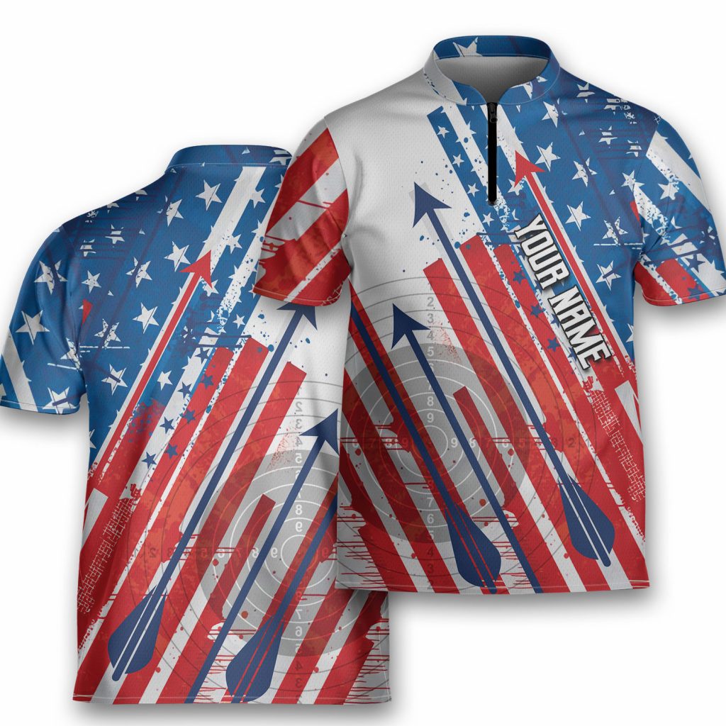 Personalized Name Archery Bow Hunting American Flag Shooter Archery Jersey Zipper Shirt