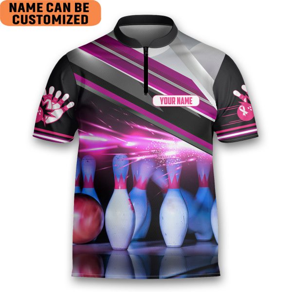 Strike Out Breast Cancer Awareness Bowling Pink Bowling Jersey Zipper Shirt Custom Name