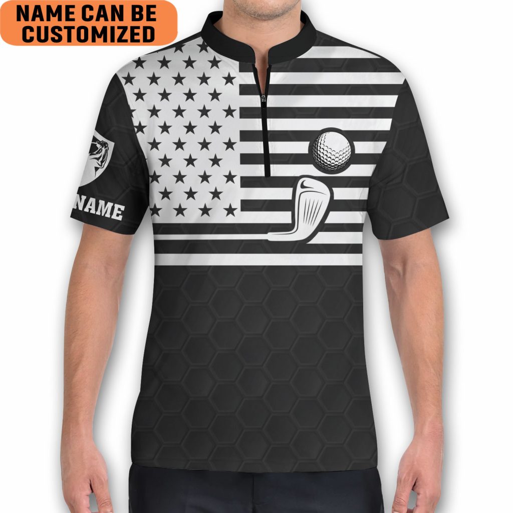Personalized Funny Golf, American Flag Golfer Golfing Mandarin Zipper Jersey