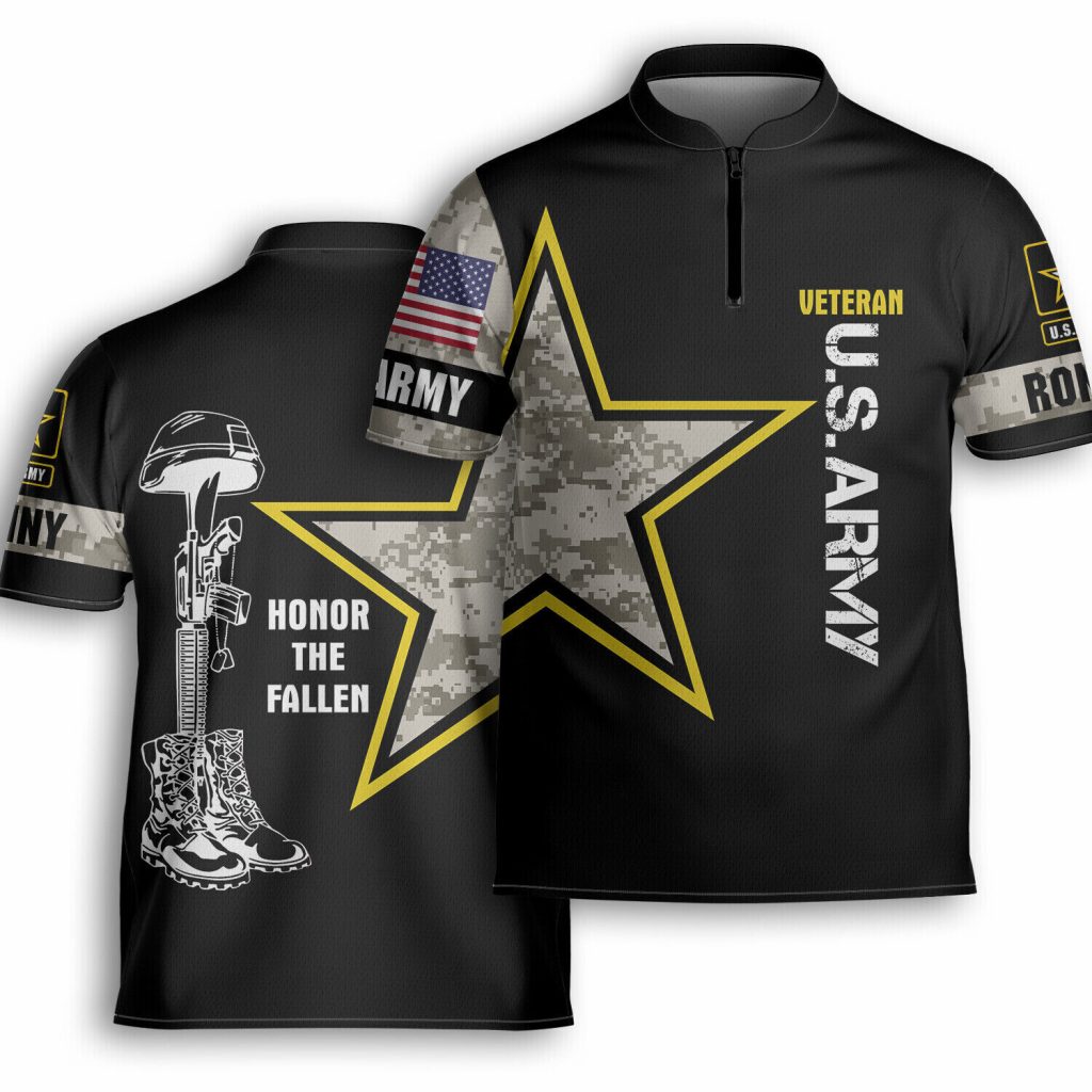 Custom Honor The Fallen Us Army Veteran Aop Bowling Jersey Shirt Camo Black