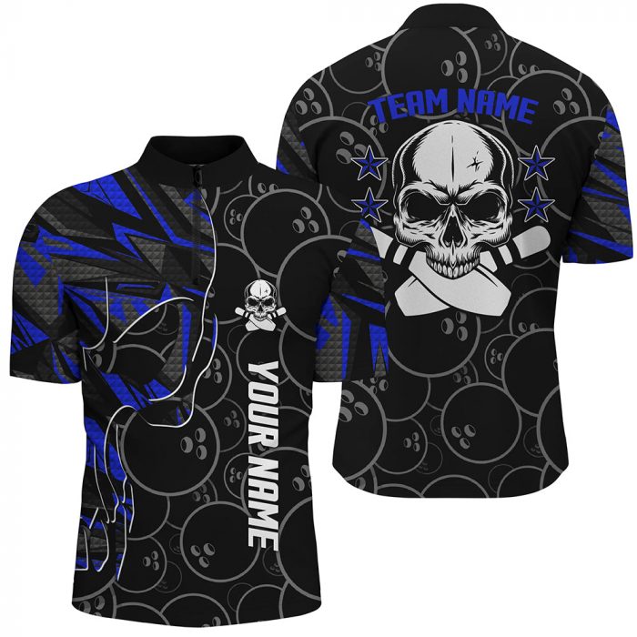 Blue Camo Black Bowling Quarter Zip Shirts For Men Custom Team Skull Bowling, Team Bowling Jerseys  Gift For Bowler Bowling Player