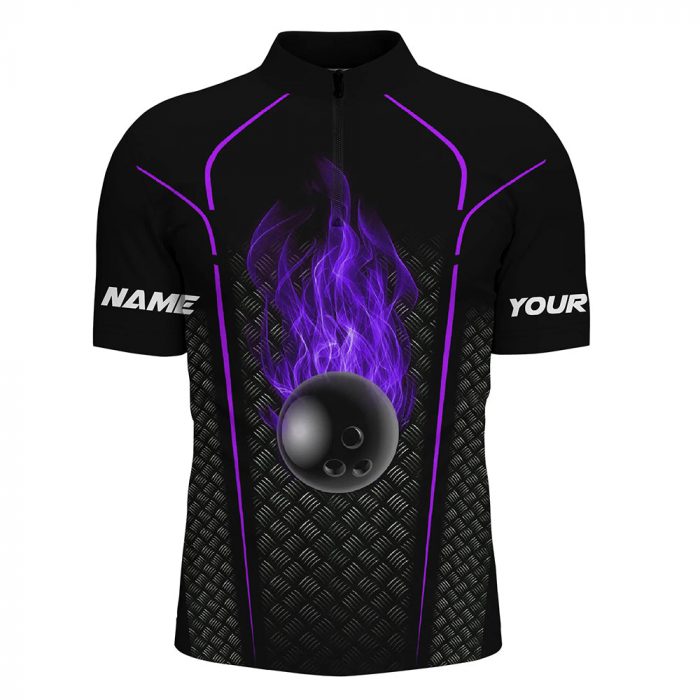 Bowling Ball Fire Black Custom Quarter Zip Bowling Jersey 3D Bowling Team Shirt For Men| Purple  Gift For Bowler Bowling Player