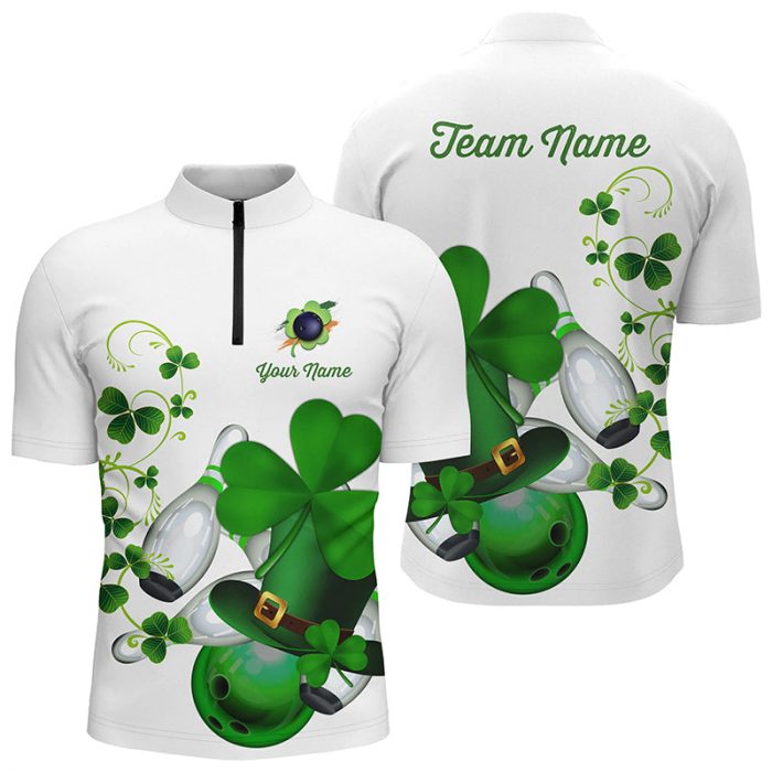 Green Shamrock Lucky Men Bowling Quarter Zip Shirt Custom St Patrick Day Team League Bowling Jersey  Gift For Bowler Bowling Player