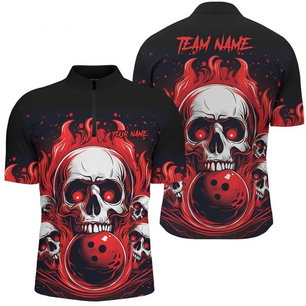 Custom Red Skull Bowling Team Shirts, Flame Bowling Jerseys Bowlers Shirts For Men And Women  Gift for Bowler Bowling Player