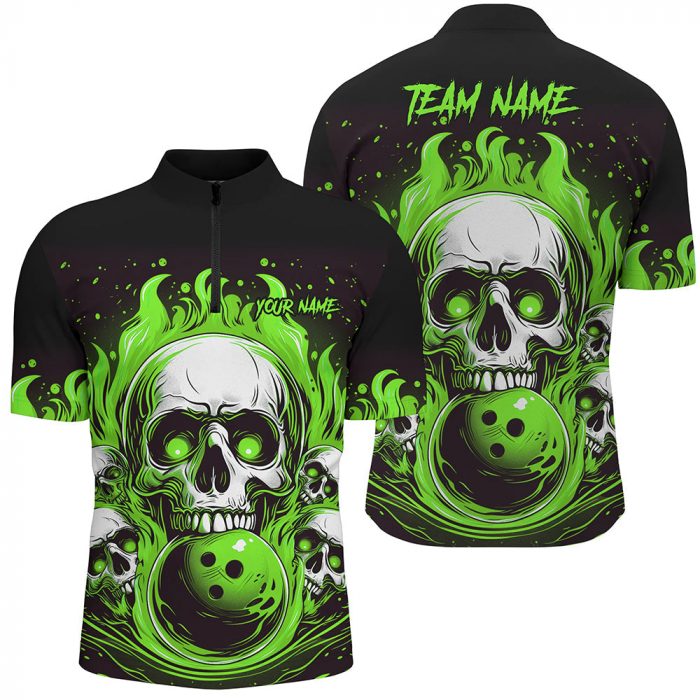 Custom Green Skull Bowling Team Shirts, Flame Bowling Jerseys Bowlers Shirts For Men And Women  Gift For Bowler Bowling Player