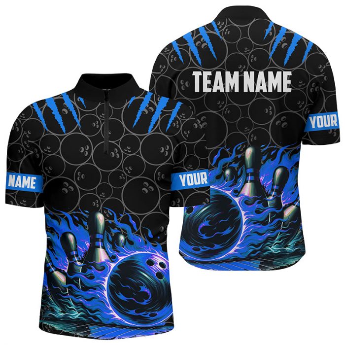 Men Bowling Quarter Zip Shirts Custom Black Blue Flame Bowling Shirt, Bowling Jerseys Gift For Bowlers  Gift For Bowler Bowling Player