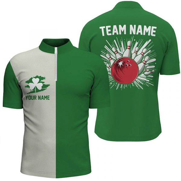 Green shamrock lucky Men bowling Quarter Zip shirt Custom St Patrick Day team league bowling jerseys  Gift for Bowler Bowling Player