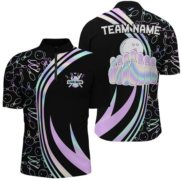 Black Men Bowling Quarter Zip Shirt Custom Neon Camo Team League Bowling Jerseys, Gifts For Bowlers  Gift For Bowler Bowling Player