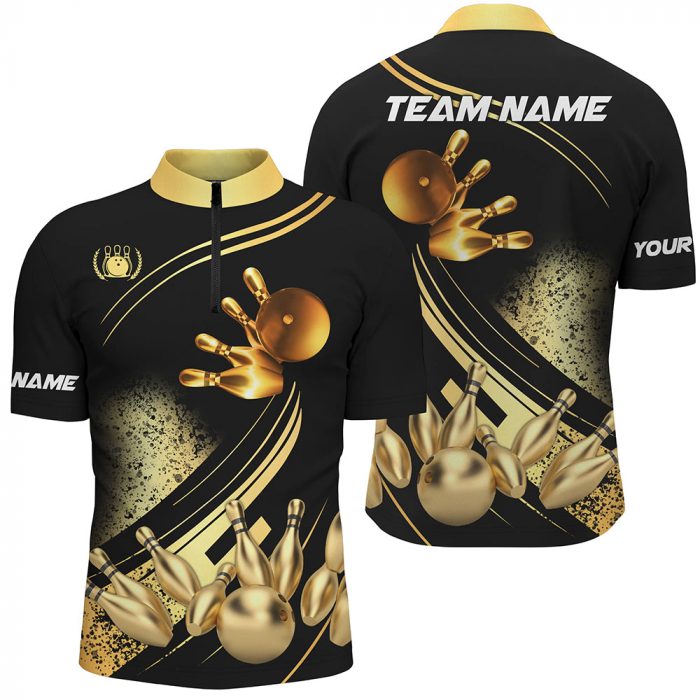 Black And Gold Men’S Quarter Zip Shirts Custom Bowling Apparel Team Bowling Jerseys, Bowling Gifts  Gift For Bowler Bowling Player