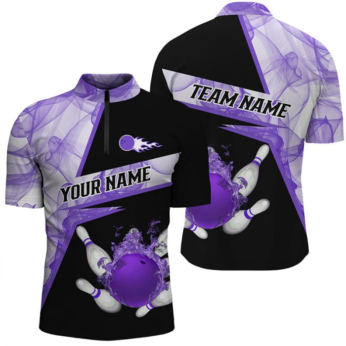 Bowling Flame Purple Smoke Pattern Custom Black Men’S Bowling Quarter Zip Shirts, Team Bowling Jersey  Gift For Bowler Bowling Player