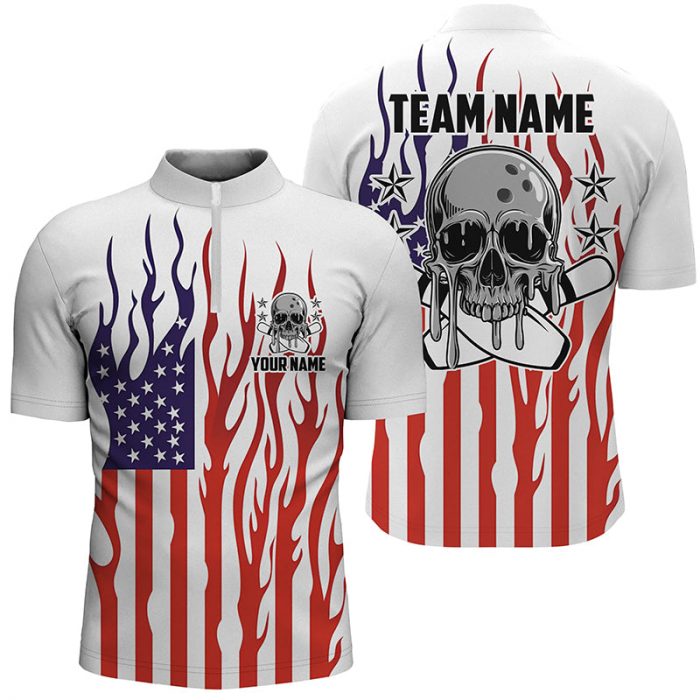 Custom American Flag Skull Bowling Shirts For Men, Patriotic Team Bowling Jerseys  Gift For Bowler Bowling Player