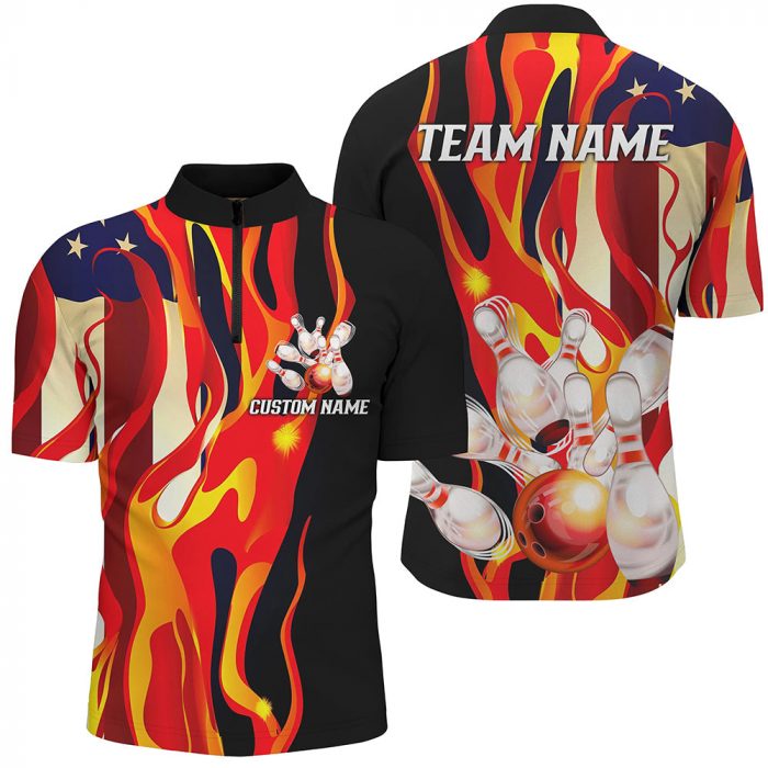 Flame American Flag Custom Bowling Team Shirts For Men And Women, Patriotic Bowling Jerseys  Gift For Bowler Bowling Player