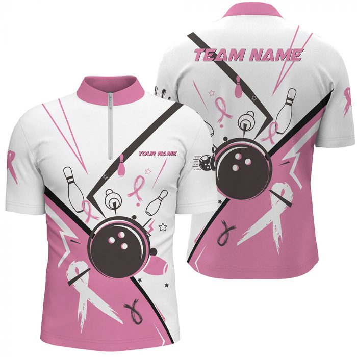 Pink Ribbon Breast Cancer Awareness Bowling Jerseys Custom Team Quarter Zip Shirts For Men | White  Gift For Bowler Bowling Player