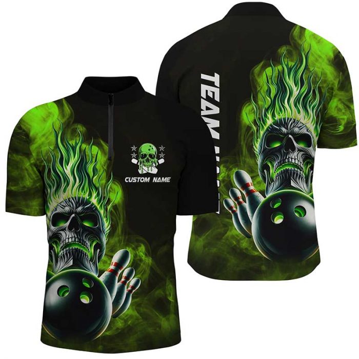 Personalized Green Flame Skull Unisex Bowling Team Shirts, Strike Bowling Jerseys For Men Women  Gift For Bowler Bowling Player