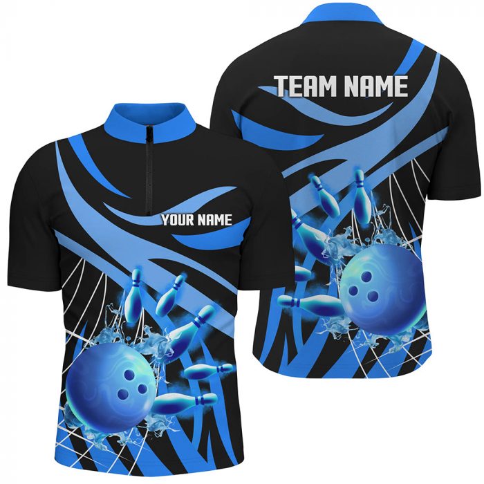 Blue Flame Bowling Quarter Zip Shirts For Men Custom Team Bowling Jerseys For Men, Gift For Bowlers  Gift For Bowler Bowling Player