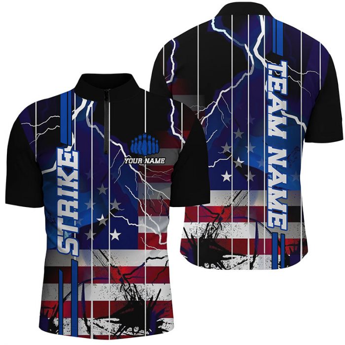 Custom American Flag Lightning Strike Bowling Shirts For Team, Patriotic Unisex Bowling Jerseys  Gift For Bowler Bowling Player