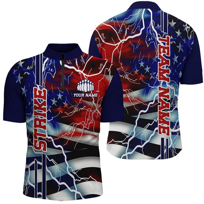 Custom American Flag Lightning Strike Bowling Shirts For Team, Patriotic Unisex Bowling Jerseys  Gift For Bowler Bowling Player