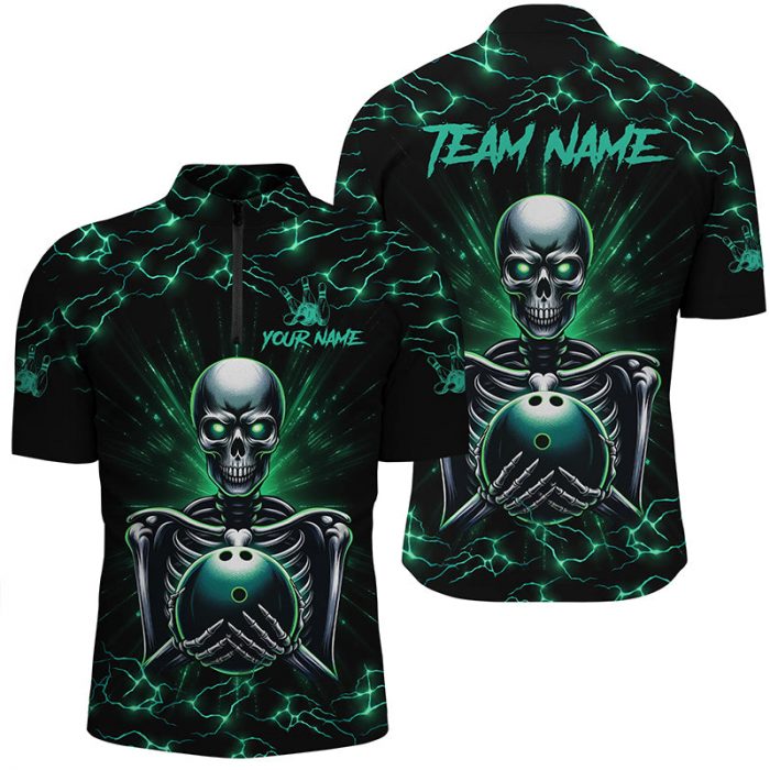 Green Skull Lightning Bowling Quarter Zip Shirts For Men Custom Team Bowling Jerseys, Gift For Bowlers  Gift For Bowler Bowling Player