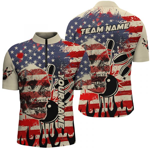 American Flag Skull Bowling Quarter Zip Shirts For Men Custom Team Bowling Jerseys, Gift For Bowlers Gift For Bowler Bowling Player