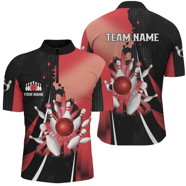 Black and red retro Men bowling Quarter Zip shirts Custom bowling ball and pins Team bowling Jerseys Gift for Bowler Bowling Player