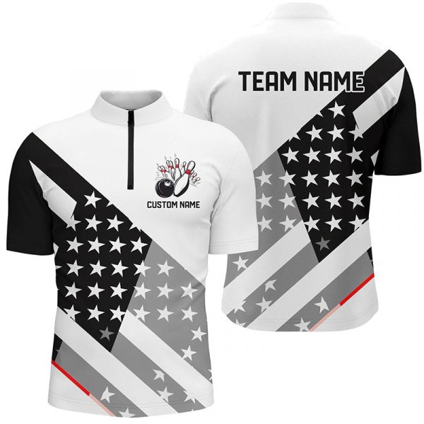 Custom Black And White American Flag Skull Bowling Shirts, Unisex Patriotic Team Bowling Jerseys Gift for Bowler Bowling Player