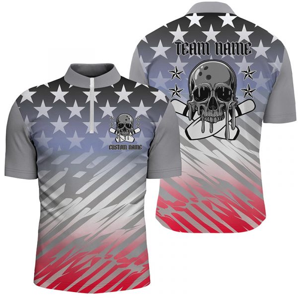 Custom American Flag Skull Bowling Shirts For Men And Women, Patriotic Team Bowling Jerseys Gift for Bowler Bowling Player