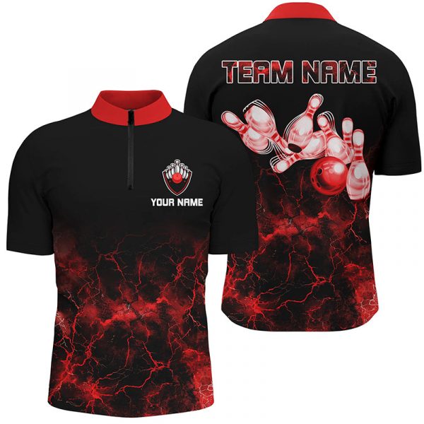 Flame bowling ball and pins lightning custom Men Bowling Quarter Zip Shirt, team bowling jerseys | Red Gift for Bowler Bowling Player