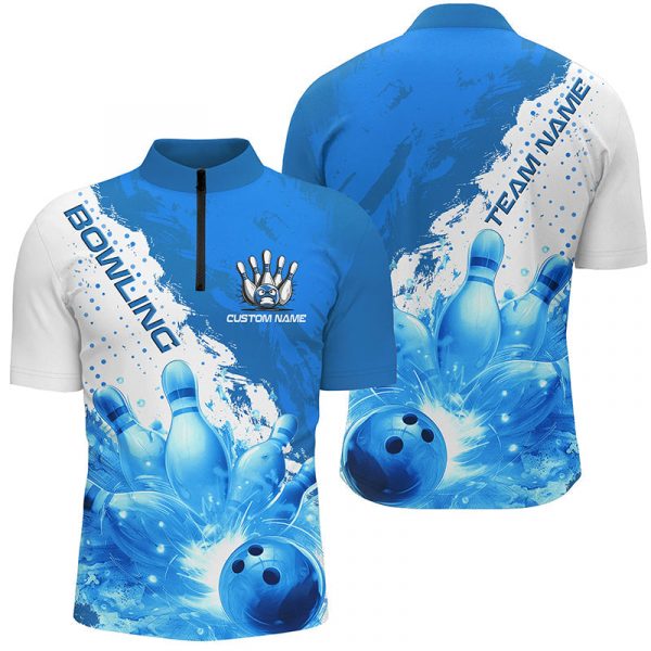 Custom Blue Lightning Thunder Bowling Team Jersey Men s Bowling Quarter Zip Shirts Gift for Bowlers TTV137