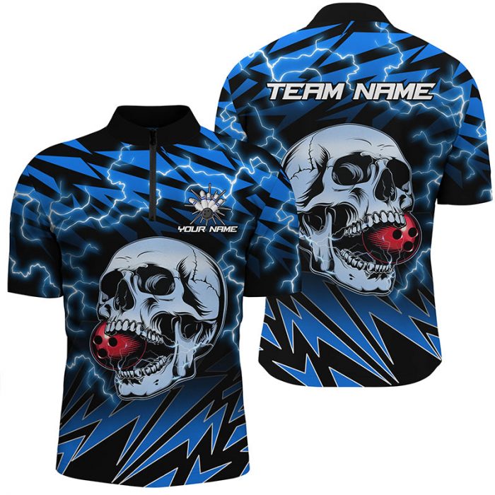 Custom Blue Lightning Thunder Skull Bowling Team Jersey – Perfect Gift For Bowlers Men S Bowling Quarter Zip Shirt