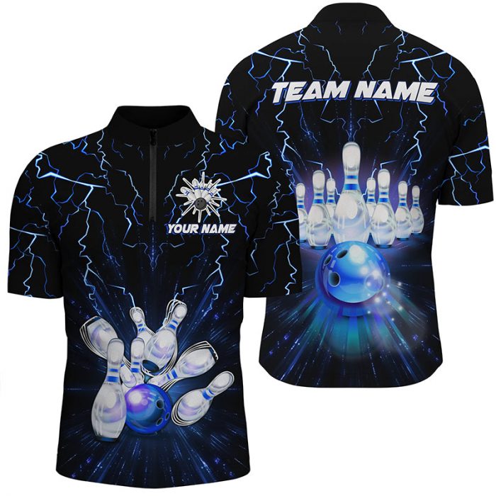 Custom Blue Lightning Thunder Bowling Team Jersey Men S Bowling Quarter Zip Shirts Gift For Bowlers Ttv137