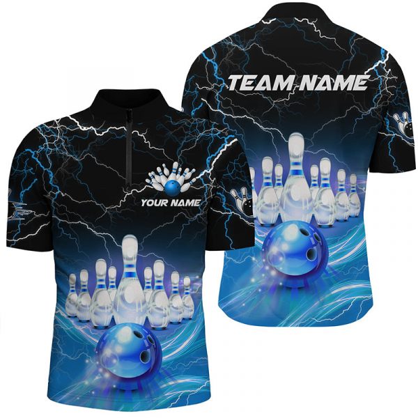 Custom Blue Lightning Thunder Skull Bowling Team Jersey – Perfect Gift for Bowlers Men s Bowling Quarter Zip Shirt