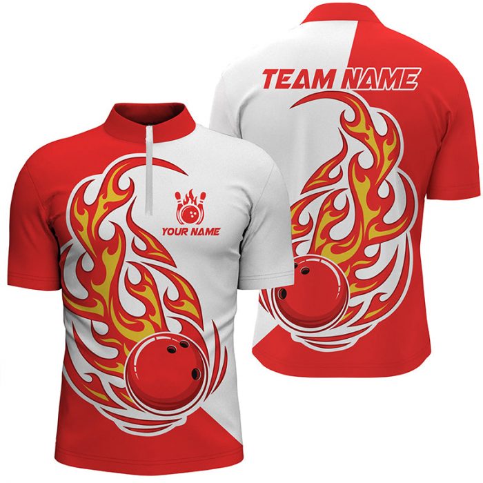 Custom Skull Bowling Team Jerseys Red &Amp;Amp; White Bowling Ball Mens Quarter Zip Shirt Ttv142