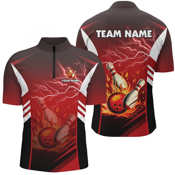 Flame bowling ball and pins lightning custom Men Bowling Quarter Zip Shirt, team bowling jerseys | Red Gift for Bowler Bowling Player