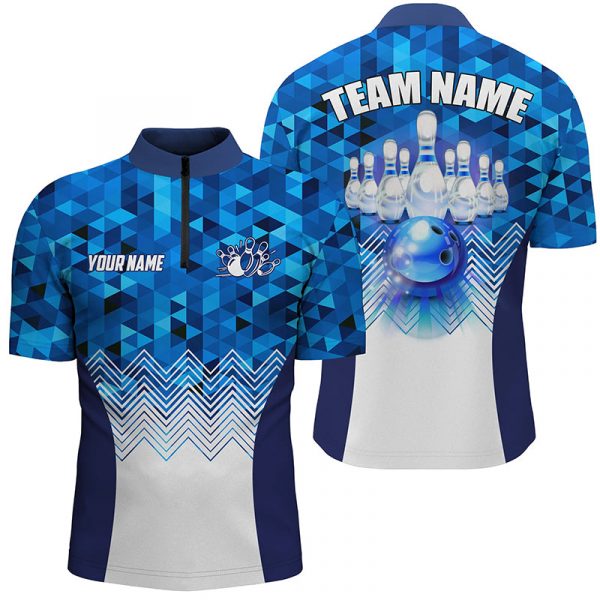 Blue Geometric pattern bowling ball and pins custom Men Bowling Quarter Zip Shirt, team bowling jersey Gift for Bowler Bowling Player