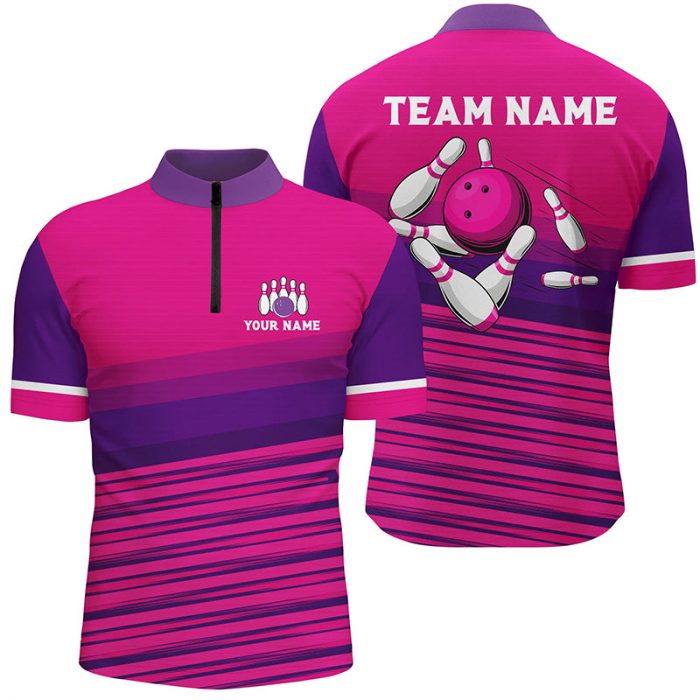 Pink Pattern Bowling Ball Pins Custom Men Bowling Quarter Zip Shirts, Team Bowling Jerseys Gift For Bowler Bowling Player