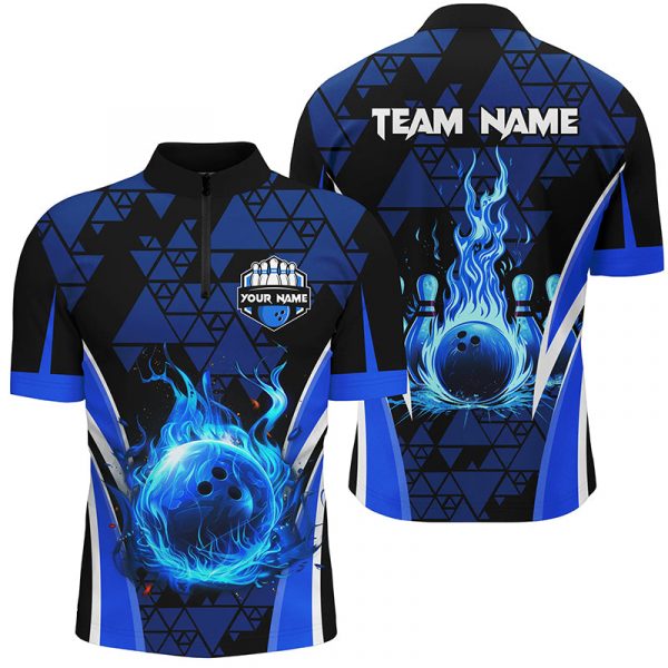 Blue triangle pattern flame bowling ball pins custom Men Quarter Zip Shirt, team bowling jerseys Gift for Bowler Bowling Player