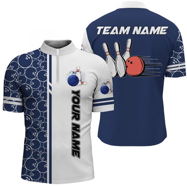 Men’s bowling Quarter Zip shirts Custom white & blue camo vintage bowling shirts, men bowling jerseys Gift for Bowler Bowling Player